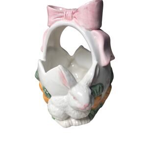 Easter Basket Ceramic Smug Bunnies Carrot Patch Pink Ribbon